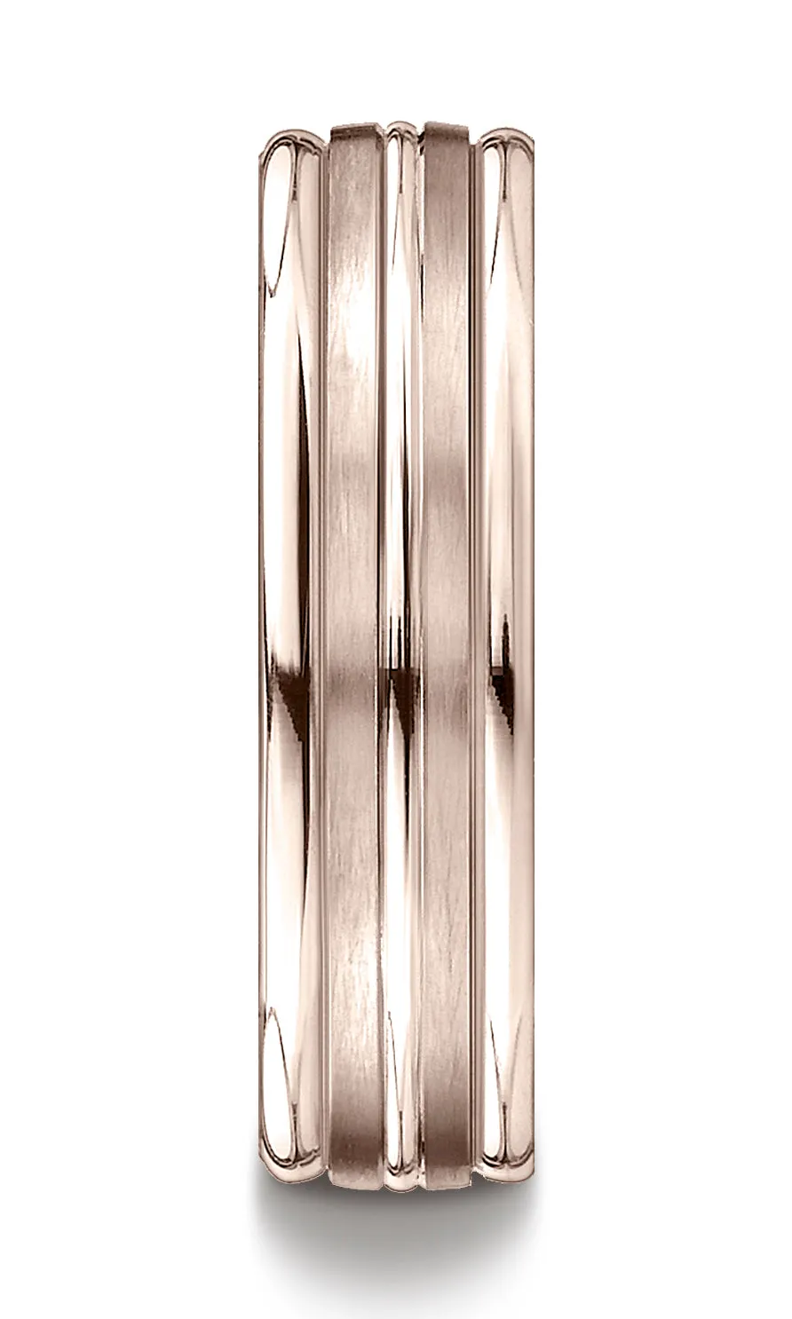 Benchmark 14K Rose Gold 6mm Comfort-Fit with High Polish Center Trim and Round Edge Carved Design Ring