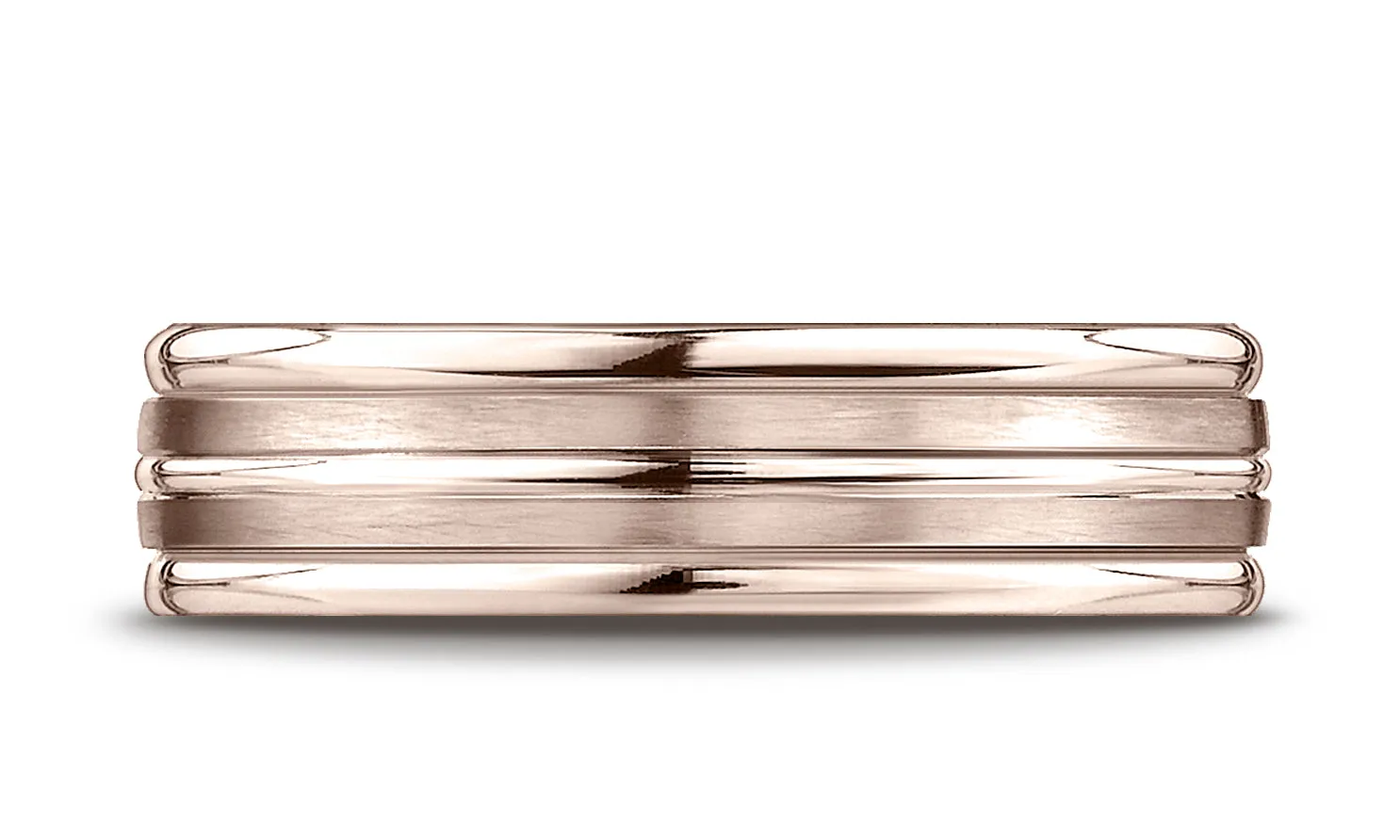 Benchmark 14K Rose Gold 6mm Comfort-Fit with High Polish Center Trim and Round Edge Carved Design Ring
