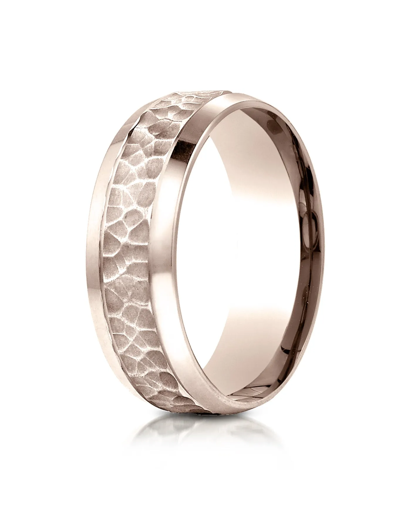 Benchmark 14K Rose Gold 7.5mm Comfort-Fit Hammered Finish Beveled Edge Design Wedding Band Ring