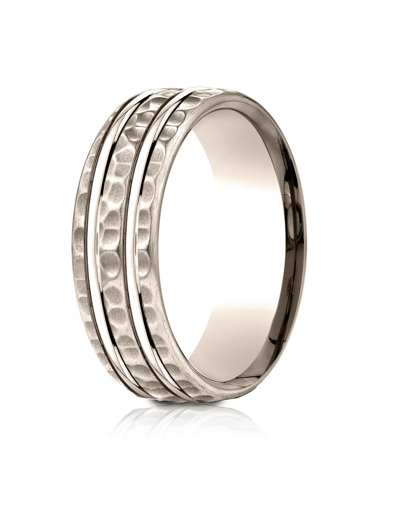 Benchmark 14k Rose Gold 7.5mm Comfort-Fit Hammered Finish Double High Polish Cut Design Band, (4-14)