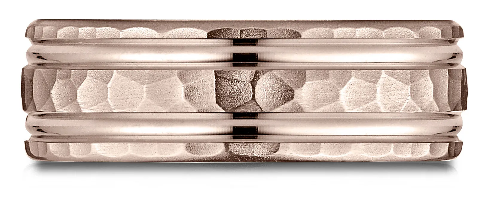 Benchmark 14k Rose Gold 7.5mm Comfort-Fit Hammered Finish Double High Polish Cut Design Band, (4-14)