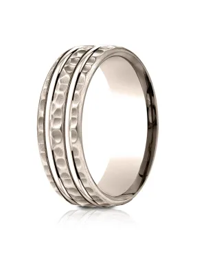 Benchmark 14k Rose Gold 7.5mm Comfort-Fit Hammered Finish Double High Polish Cut Design Band, (4-14)