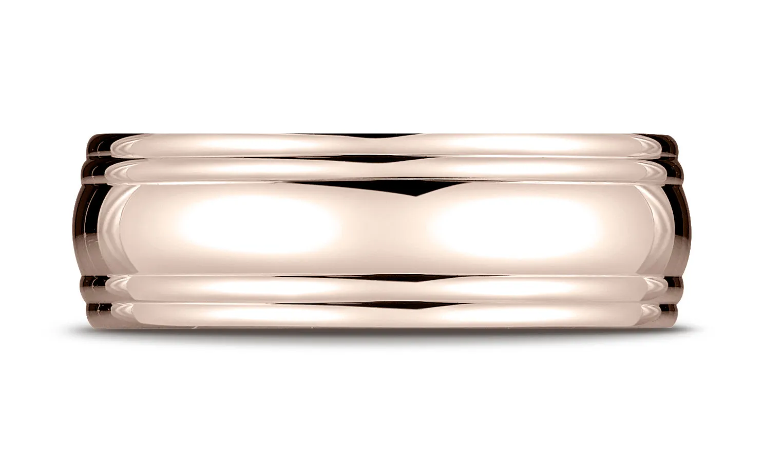 Benchmark 14K Rose Gold 7.5mm Comfort-Fit High Polished Double Round Edge Carved Design Wedding Ring