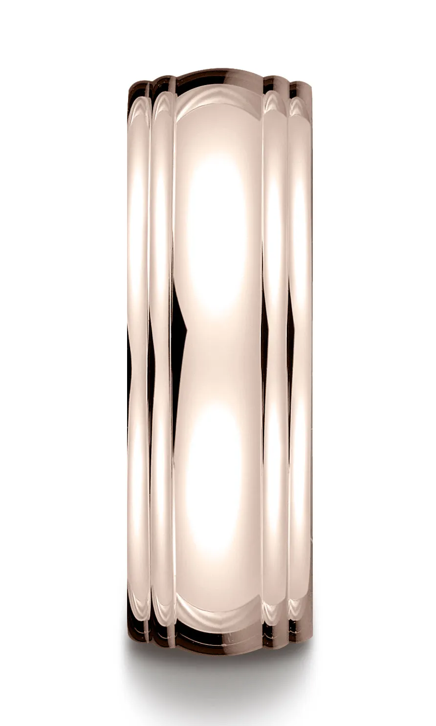 Benchmark 14K Rose Gold 7.5mm Comfort-Fit High Polished Double Round Edge Carved Design Wedding Ring