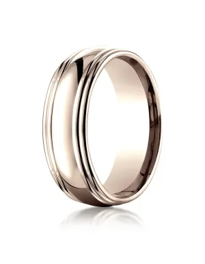 Benchmark 14K Rose Gold 7.5mm Comfort-Fit High Polished Double Round Edge Carved Design Wedding Ring