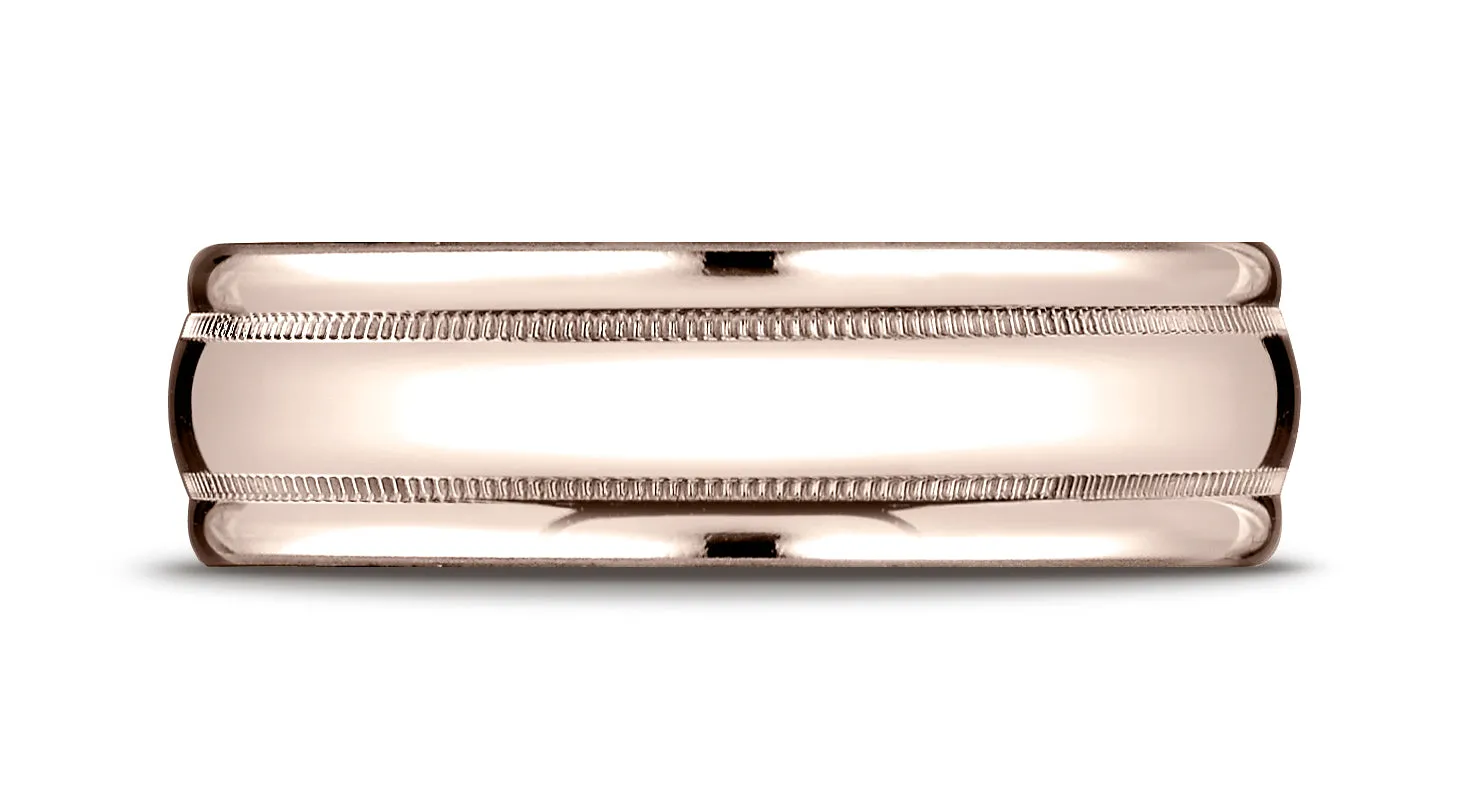 Benchmark 14K Rose Gold 7.5mm Comfort-Fit Milgrain High Polish Carved Design Wedding Band Ring