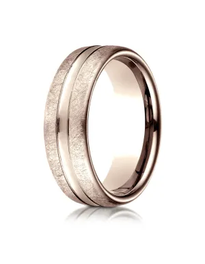 Benchmark 14K Rose Gold 7.5mm Comfort-Fit Swirled Finish Center Convex Cut Design Wedding Band Ring