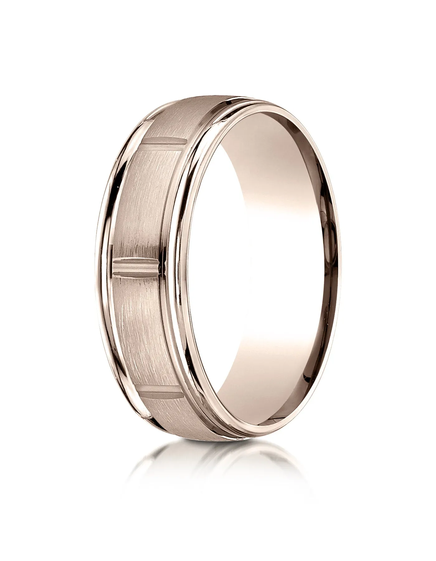 Benchmark 14k Rose Gold 7mm Comfort-Fit Satin-Finish 8 Center Cuts & Round Edge Carved Design Band,(4-15)