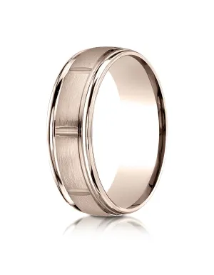 Benchmark 14k Rose Gold 7mm Comfort-Fit Satin-Finish 8 Center Cuts & Round Edge Carved Design Band,(4-15)