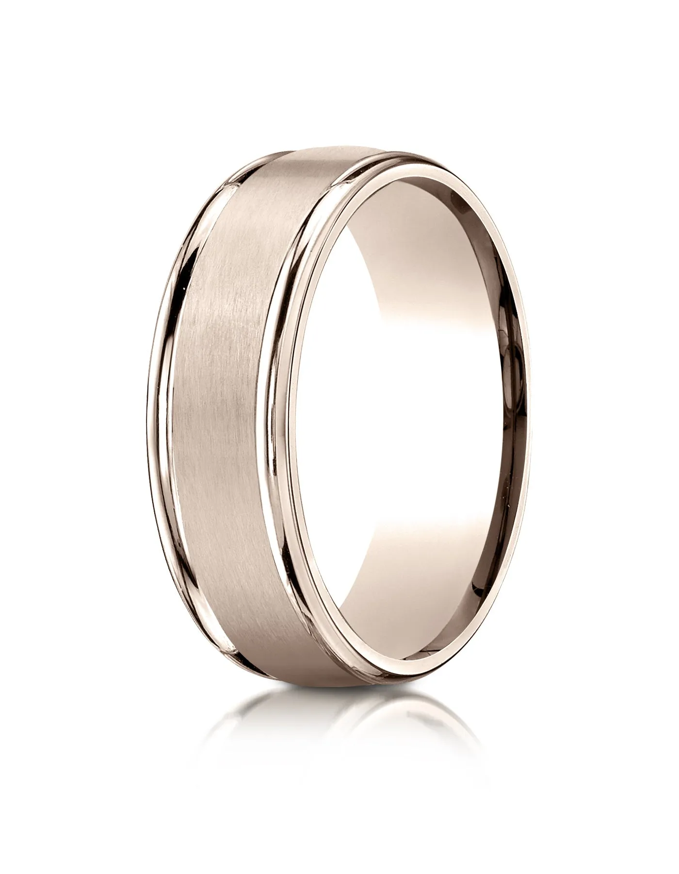 Benchmark 14k Rose Gold 7mm Comfort-Fit Satin Finish High Polish Round Edge Carved Design Band