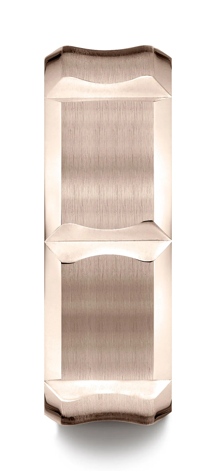 Benchmark 14K Rose Gold 8mm Comfort-Fit Beveled Edge Concave with Horizontal Cuts Carved Design Ring