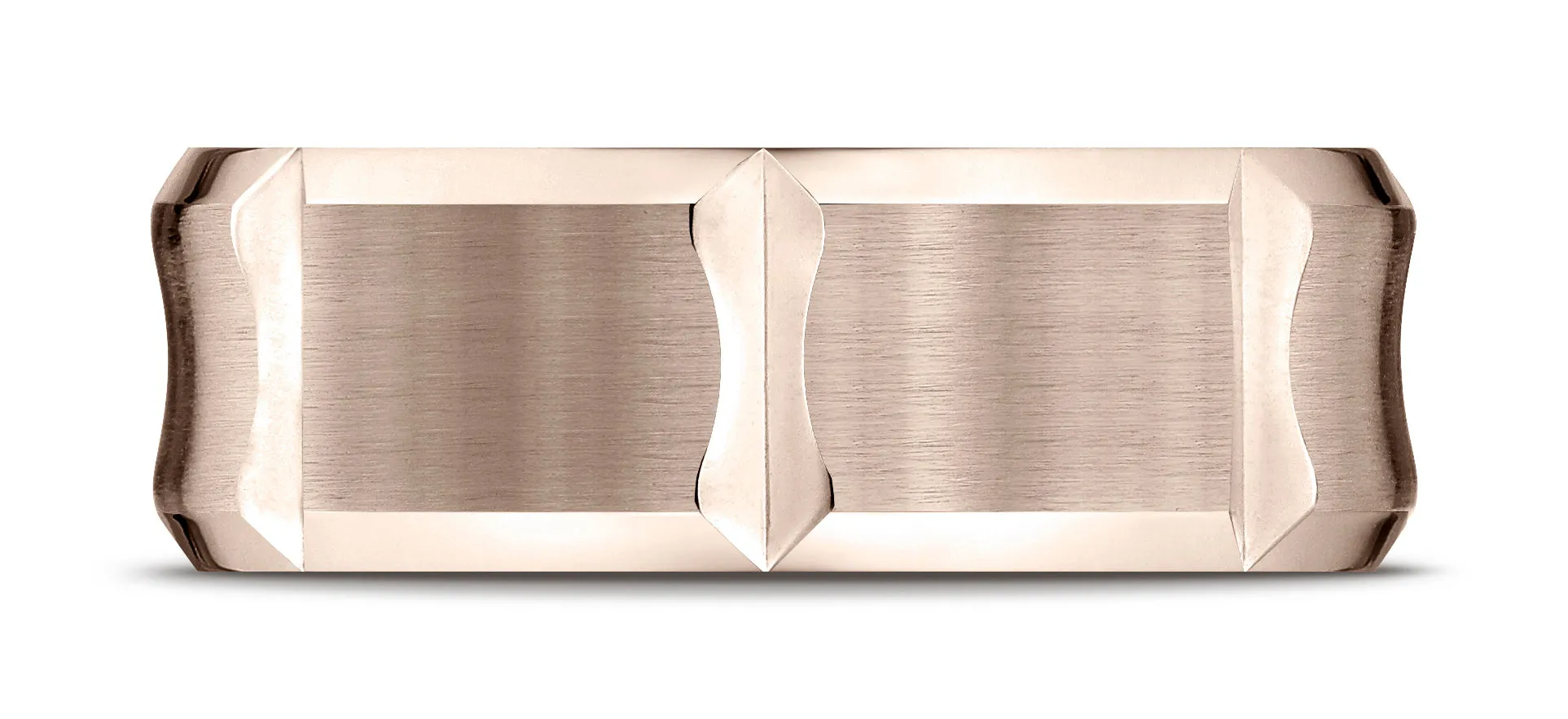 Benchmark 14K Rose Gold 8mm Comfort-Fit Beveled Edge Concave with Horizontal Cuts Carved Design Ring