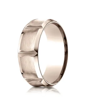 Benchmark 14K Rose Gold 8mm Comfort-Fit Beveled Edge Concave with Horizontal Cuts Carved Design Ring
