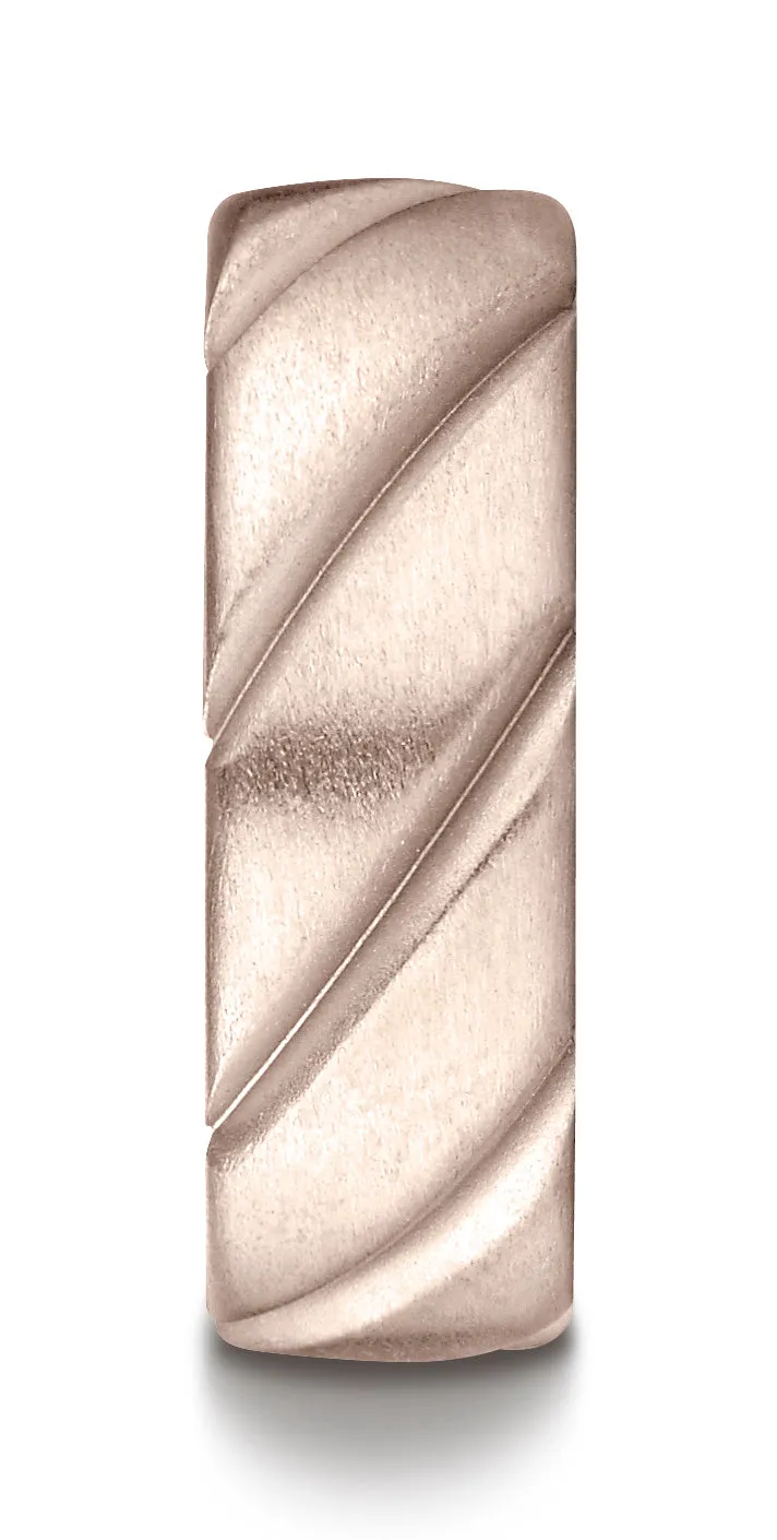 Benchmark 14K Rose Gold Comfort-Fit 7.5mm Satin Finished Swirl Pattern Design Wedding Band Ring