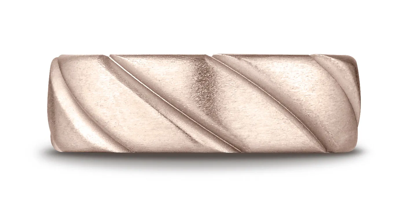 Benchmark 14K Rose Gold Comfort-Fit 7.5mm Satin Finished Swirl Pattern Design Wedding Band Ring