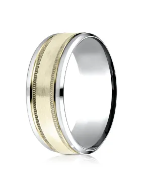 Benchmark 14k Two-Toned Gold 8mm Comfort-Fit Drop Bevel Satin Finish Milgrain Design Band, (Sizes 6-13)