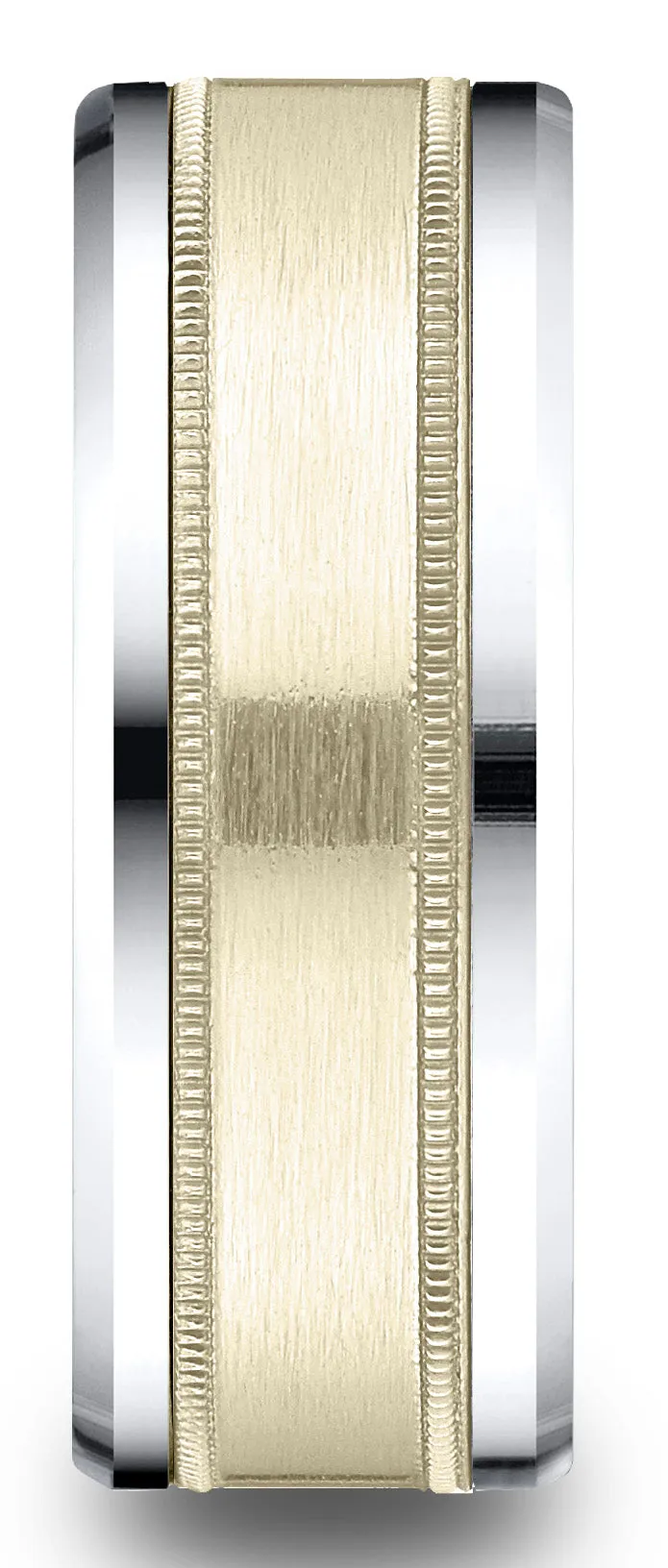 Benchmark 14k Two-Toned Gold 8mm Comfort-Fit Drop Bevel Satin Finish Milgrain Design Band, (Sizes 6-13)