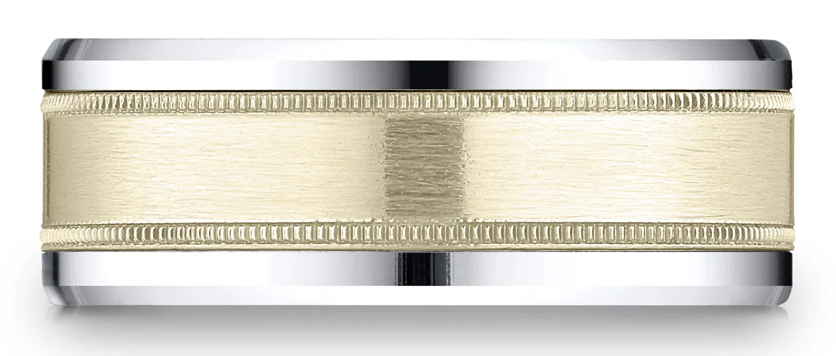 Benchmark 14k Two-Toned Gold 8mm Comfort-Fit Drop Bevel Satin Finish Milgrain Design Band, (Sizes 6-13)