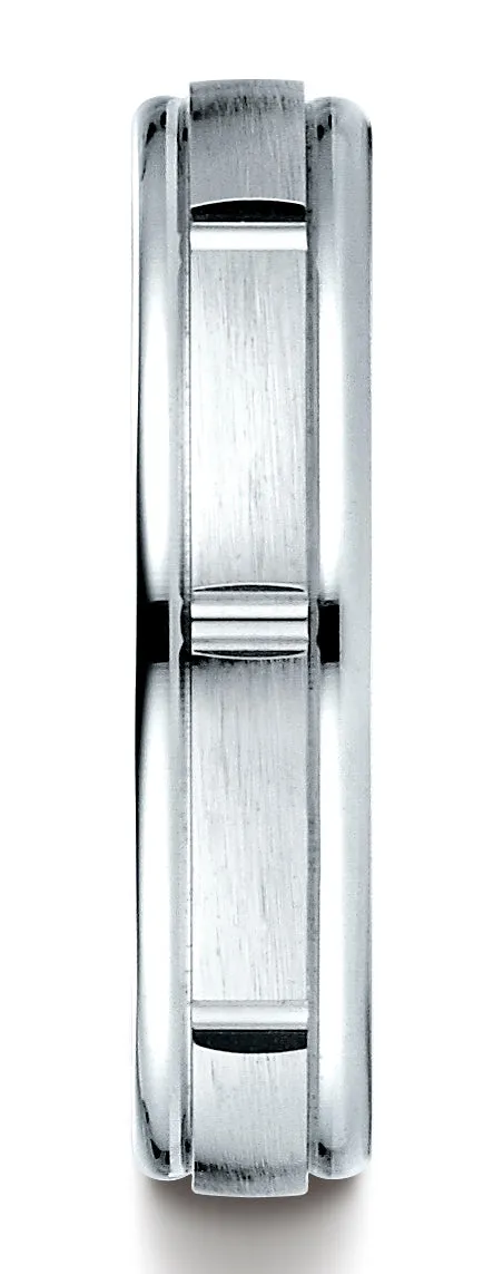 Benchmark 14K White Gold 4mm Comfort-Fit Satin-Finish 8 Center Cuts and Round Edge Carved Design Ring