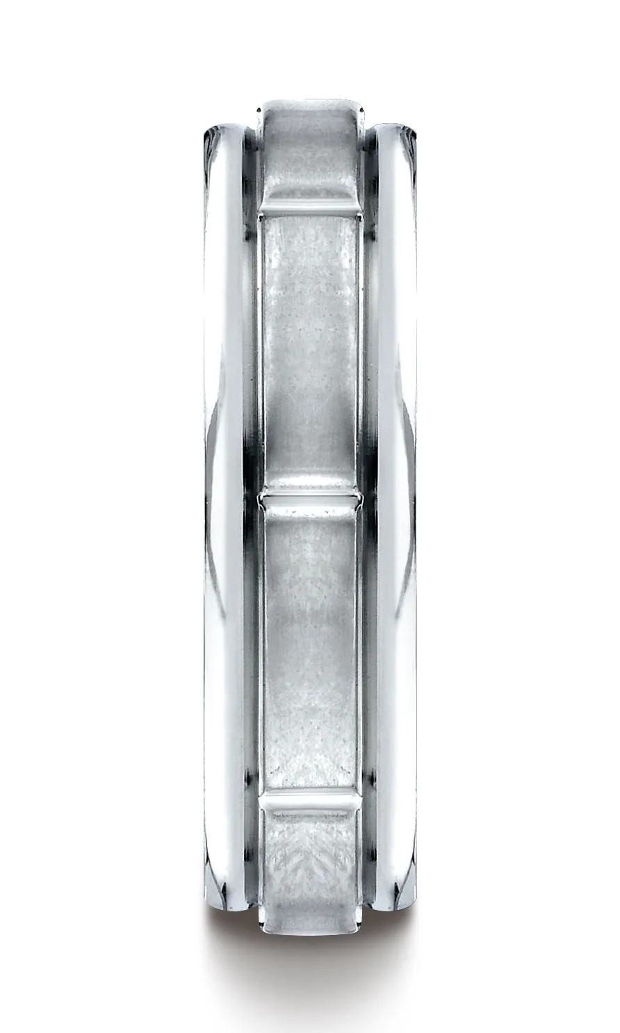 Benchmark 14K White Gold 6mm Comfort-Fit Satin-Finish 8 Center Cuts and Round Edge Carved Design Ring