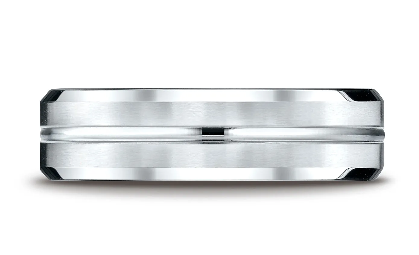 Benchmark 14K White Gold 6mm Comfort-Fit Satin-Finished w/  High Polished Cut Carved Design Wedding Band