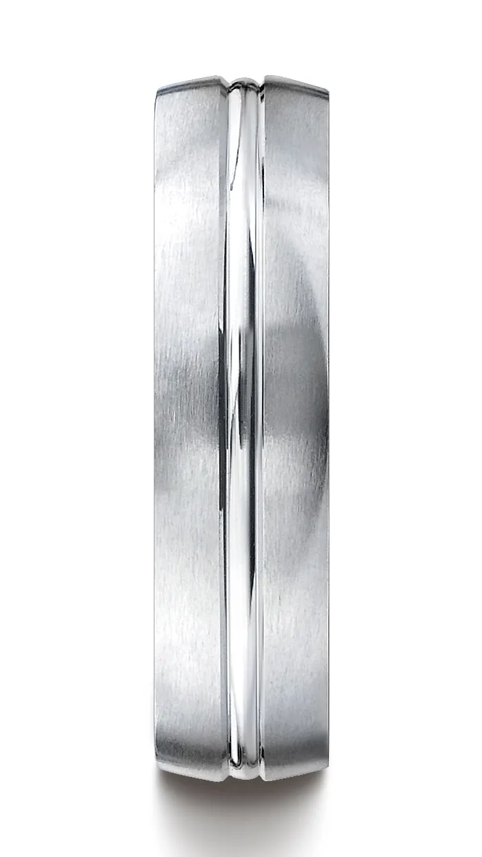 Benchmark 14k White Gold 6mm Comfort-Fit Satin-Finished with High Polished Center Cut Carved Design Ring