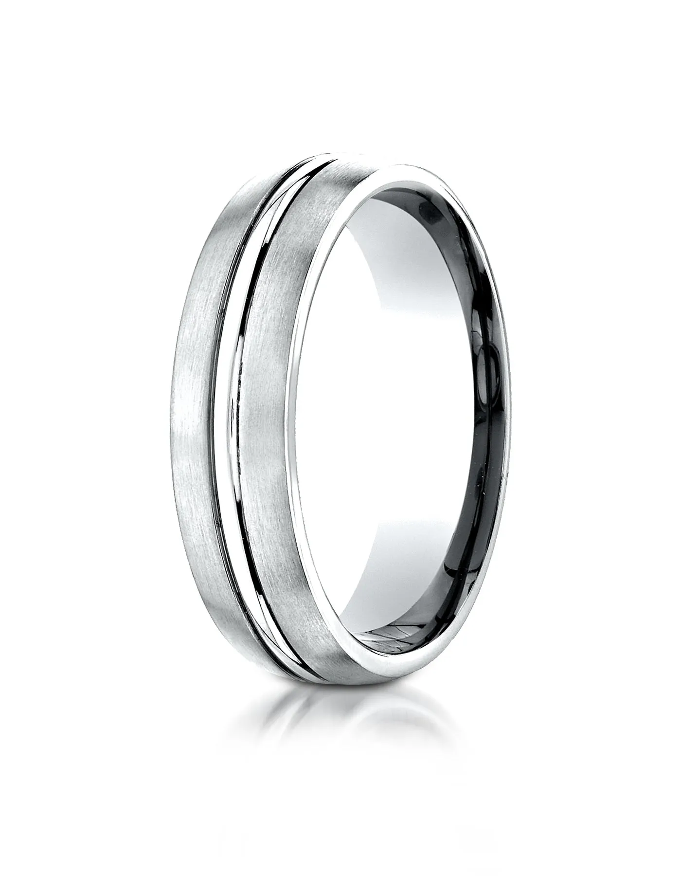 Benchmark 14k White Gold 6mm Comfort-Fit Satin-Finished with High Polished Center Cut Carved Design Ring
