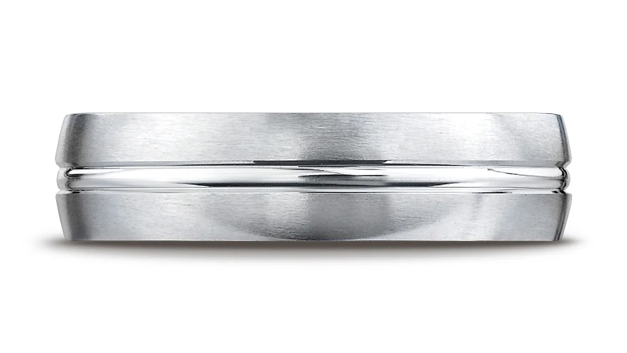 Benchmark 14k White Gold 6mm Comfort-Fit Satin-Finished with High Polished Center Cut Carved Design Ring