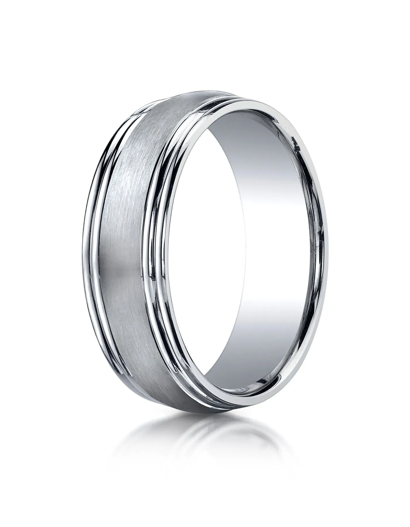 Benchmark 14K White Gold 7.5mm Comfort-Fit Satin-Finished Double Round Edge Carved Design Wedding Band