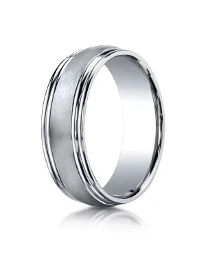 Benchmark 14K White Gold 7.5mm Comfort-Fit Satin-Finished Double Round Edge Carved Design Wedding Band