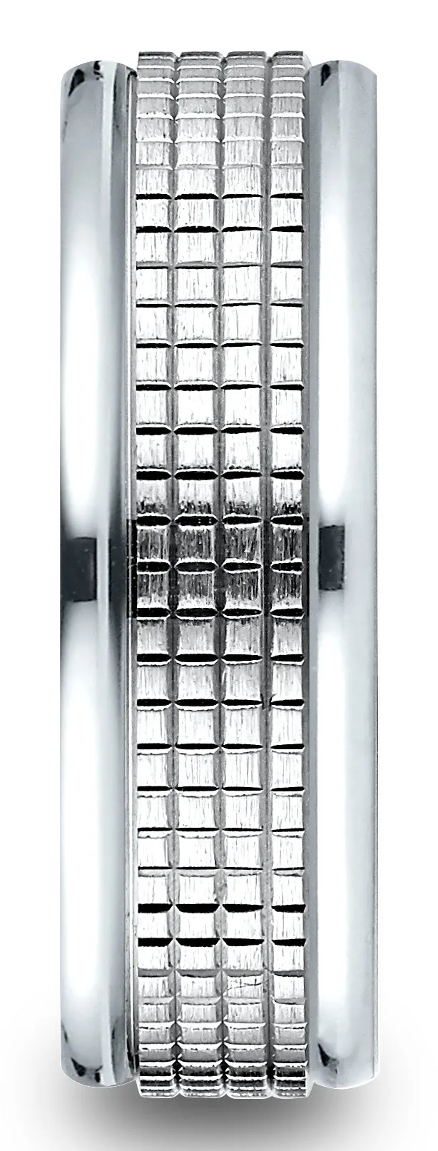 Benchmark 14k White Gold 7mm Comfort-Fit High Polish Round Edge Cross Hatch Center Design Band,(Size 4-15)