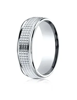 Benchmark 14k White Gold 7mm Comfort-Fit High Polish Round Edge Cross Hatch Center Design Band,(Size 4-15)