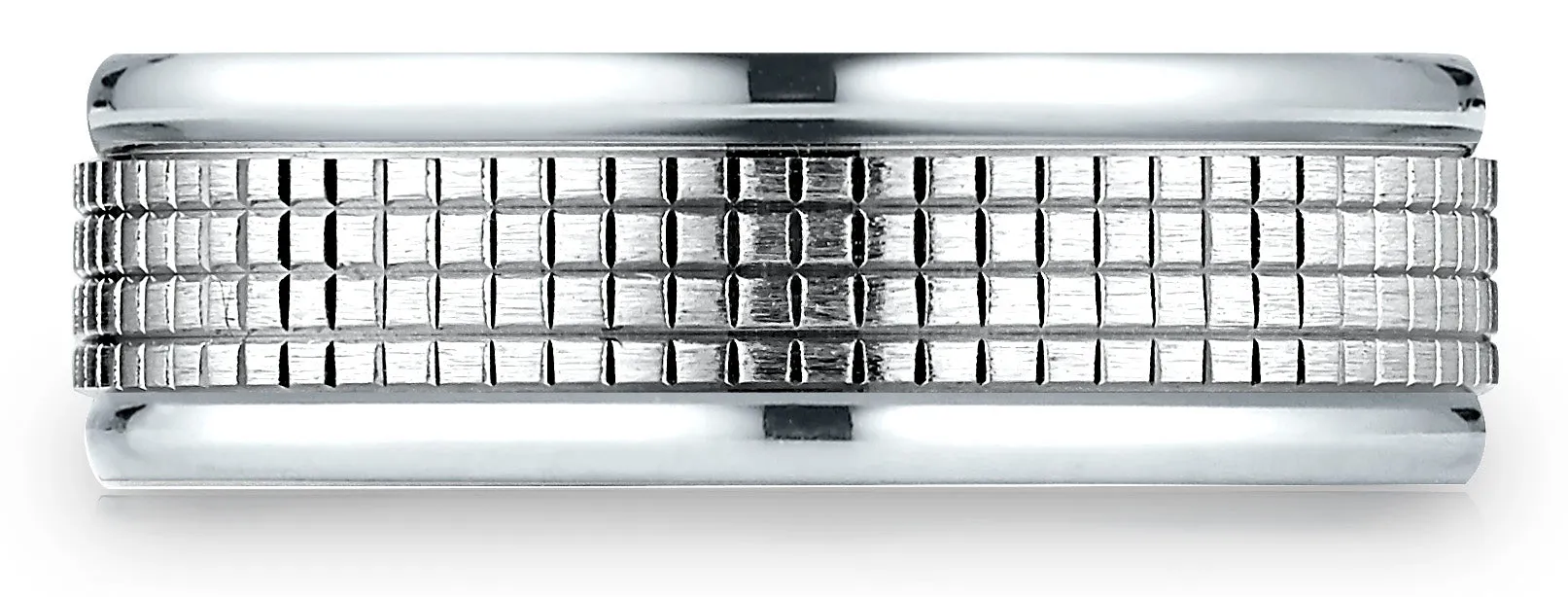 Benchmark 14k White Gold 7mm Comfort-Fit High Polish Round Edge Cross Hatch Center Design Band,(Size 4-15)