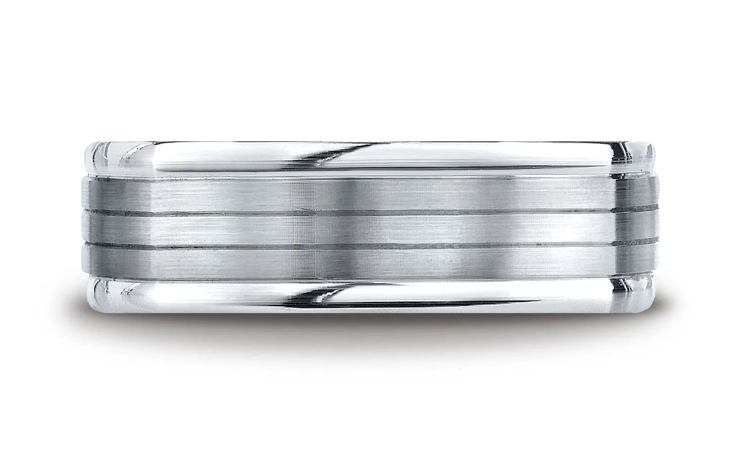 Benchmark 14K White Gold 7mm Comfort-Fit Satin-Finish Parallel Center Cuts Four-Sided Carved Design Ring