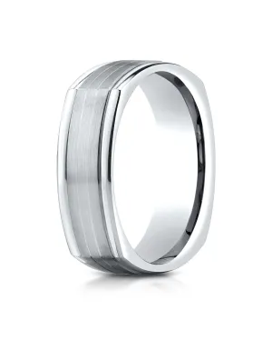 Benchmark 14K White Gold 7mm Comfort-Fit Satin-Finish Parallel Center Cuts Four-Sided Carved Design Ring