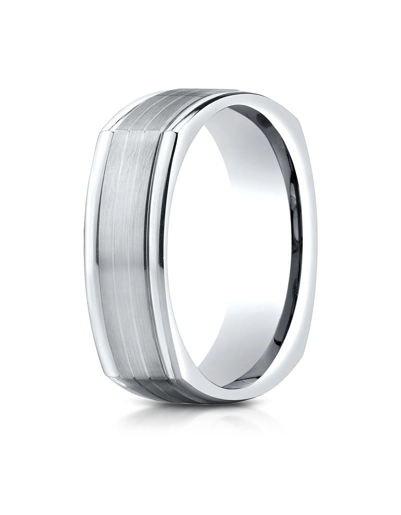 Benchmark 14K White Gold 7mm Comfort-Fit Satin-Finish Parallel Center Cuts Four-Sided Carved Design Ring