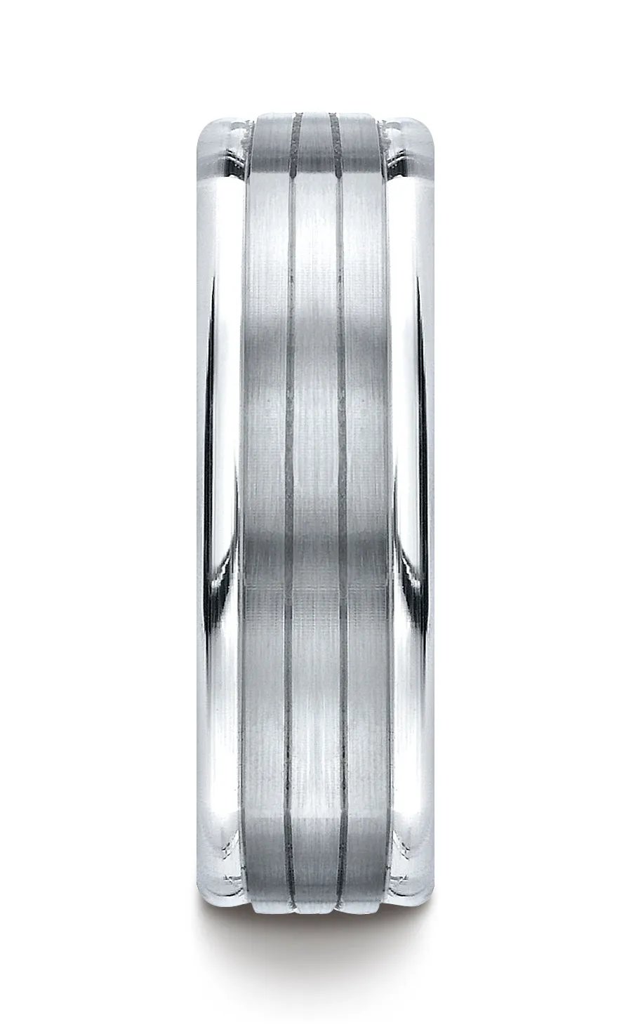 Benchmark 14K White Gold 7mm Comfort-Fit Satin-Finish Parallel Center Cuts Four-Sided Carved Design Ring