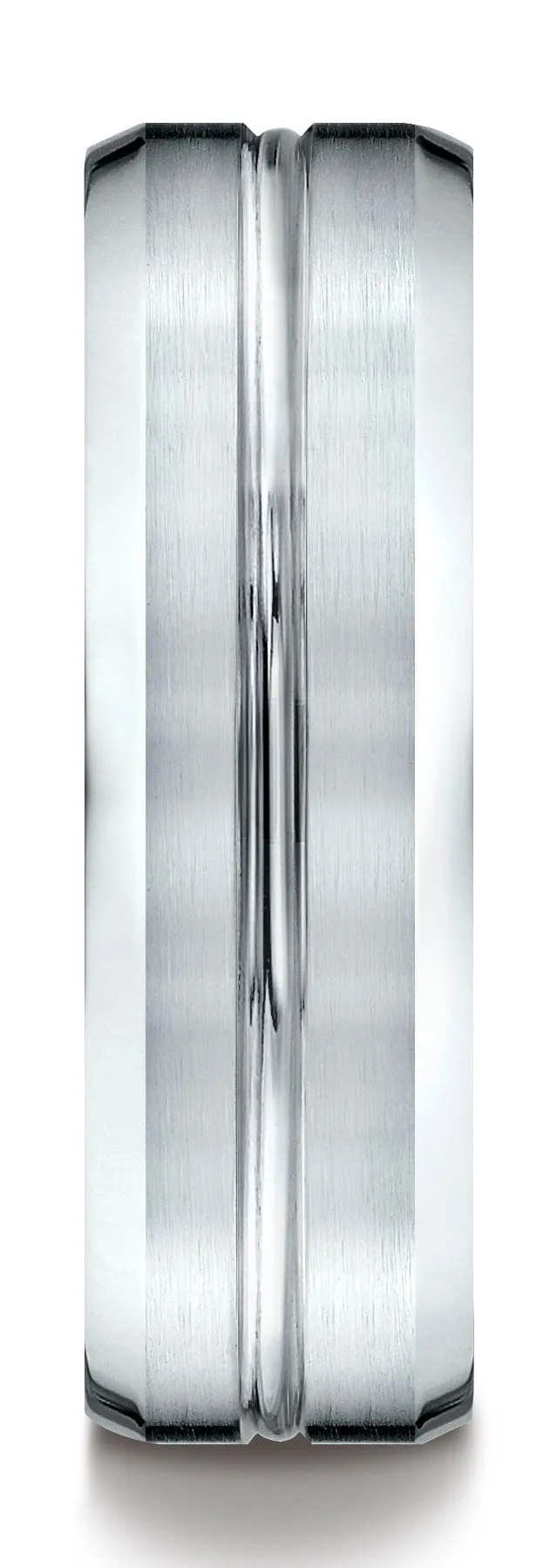 Benchmark 14k White Gold 7mm Comfort-Fit Satin-Finish with High Polished Cut Carved Design Band, (4-15)
