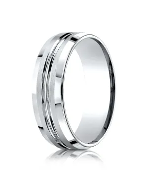 Benchmark 14k White Gold 7mm Comfort-Fit Satin-Finish with High Polished Cut Carved Design Band, (4-15)