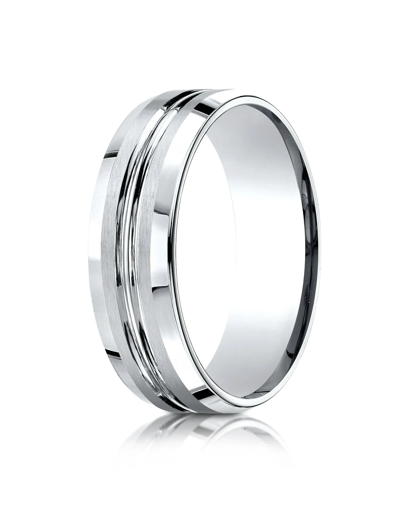 Benchmark 14k White Gold 7mm Comfort-Fit Satin-Finish with High Polished Cut Carved Design Band, (4-15)