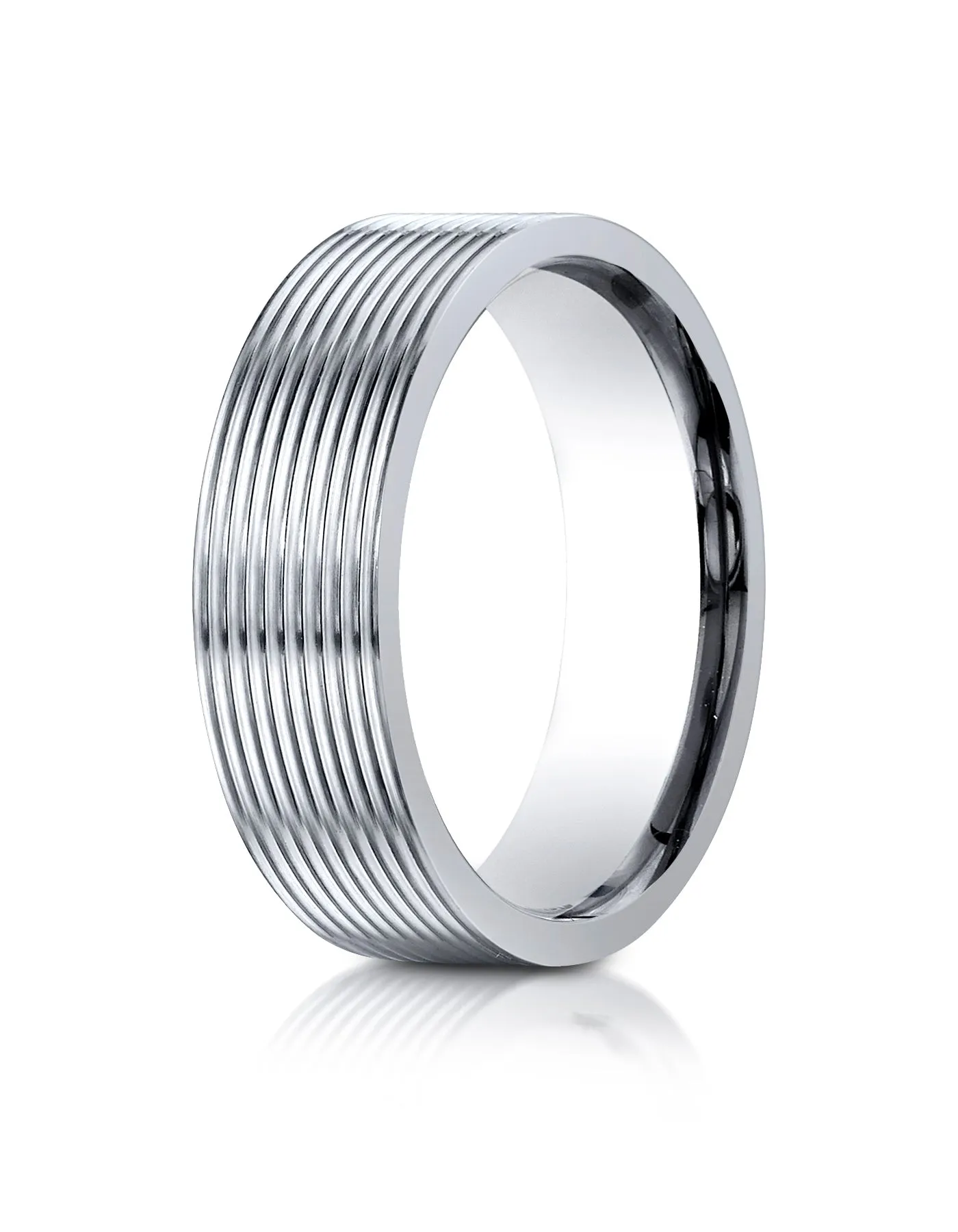 Benchmark 14K White Gold 7mm Comfort-Fit Satin-Finished with Threaded Pattern Carved Design Wedding Band
