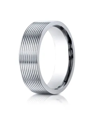 Benchmark 14K White Gold 7mm Comfort-Fit Satin-Finished with Threaded Pattern Carved Design Wedding Band