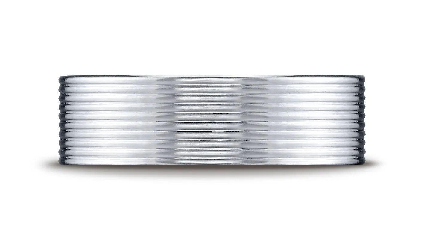 Benchmark 14K White Gold 7mm Comfort-Fit Satin-Finished with Threaded Pattern Carved Design Wedding Band