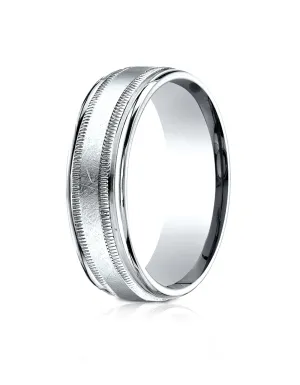 Benchmark 14k White Gold 7mm Comfort-Fit Swirl Finish Center Milgrain Round Edge Carved Design Band (4-15)