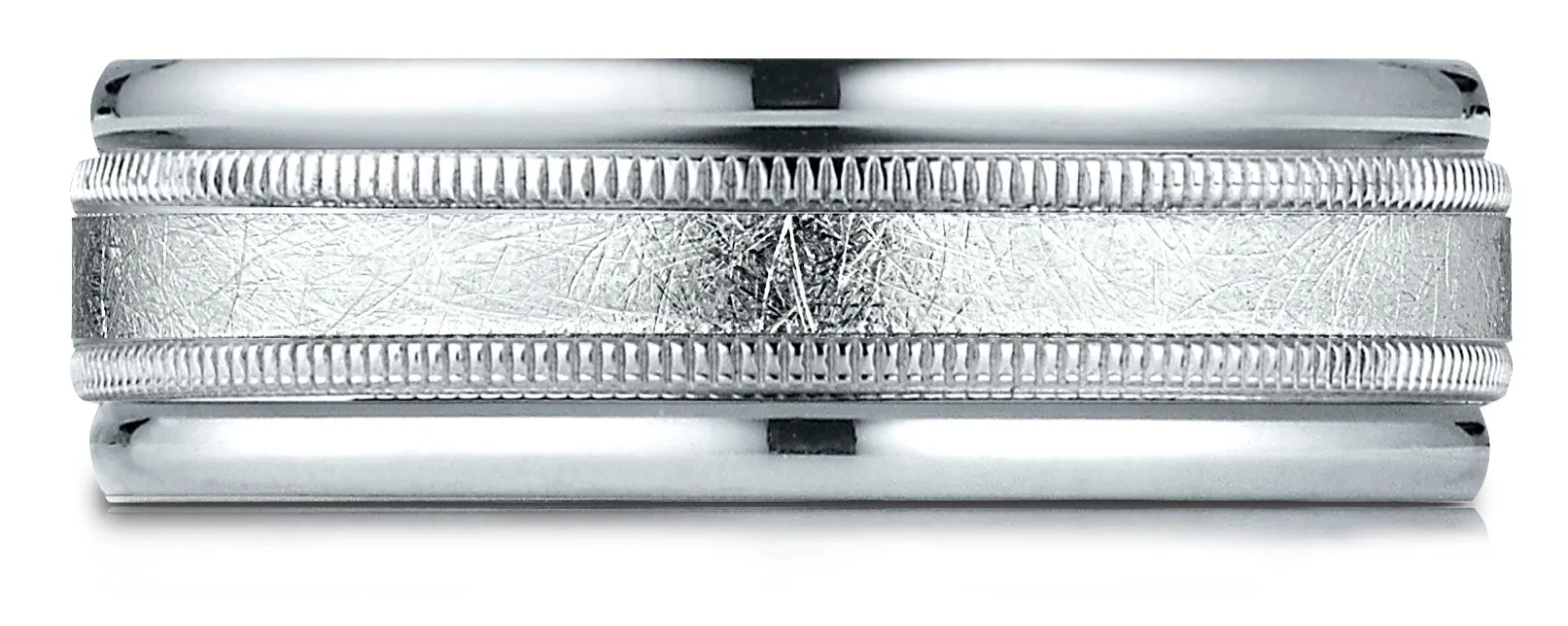 Benchmark 14k White Gold 7mm Comfort-Fit Swirl Finish Center Milgrain Round Edge Carved Design Band (4-15)