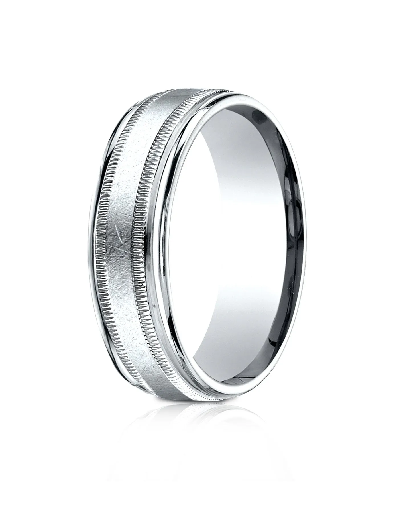 Benchmark 14k White Gold 7mm Comfort-Fit Swirl Finish Center Milgrain Round Edge Carved Design Band (4-15)