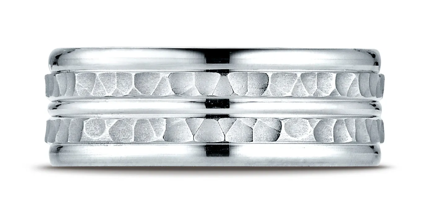 Benchmark 14K White Gold 8mm Comfort-Fit Hammer-Finished High Polished Center Trim and Round Edge Band