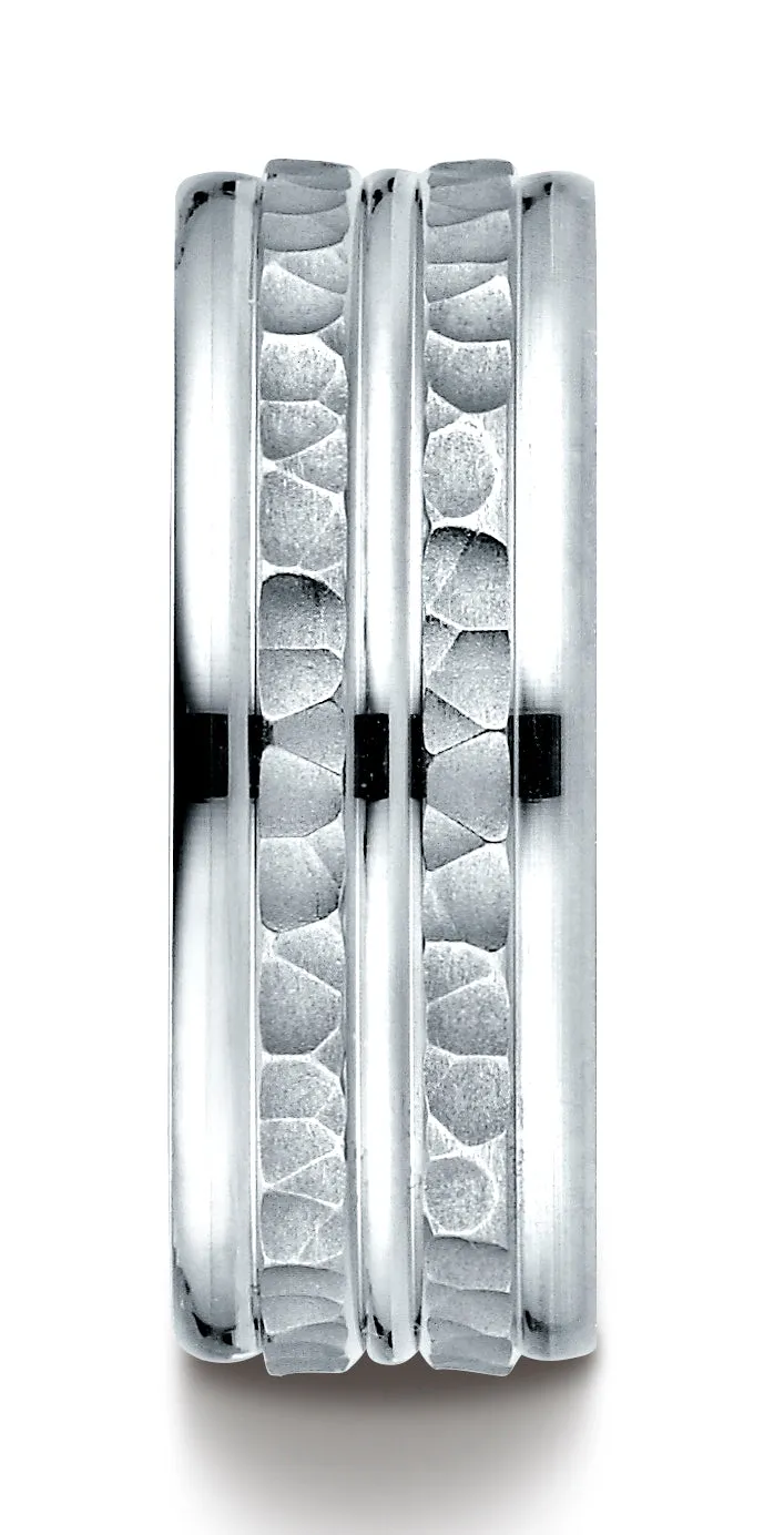 Benchmark 14K White Gold 8mm Comfort-Fit Hammer-Finished High Polished Center Trim and Round Edge Band