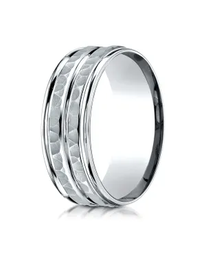 Benchmark 14K White Gold 8mm Comfort-Fit Hammer-Finished High Polished Center Trim and Round Edge Band