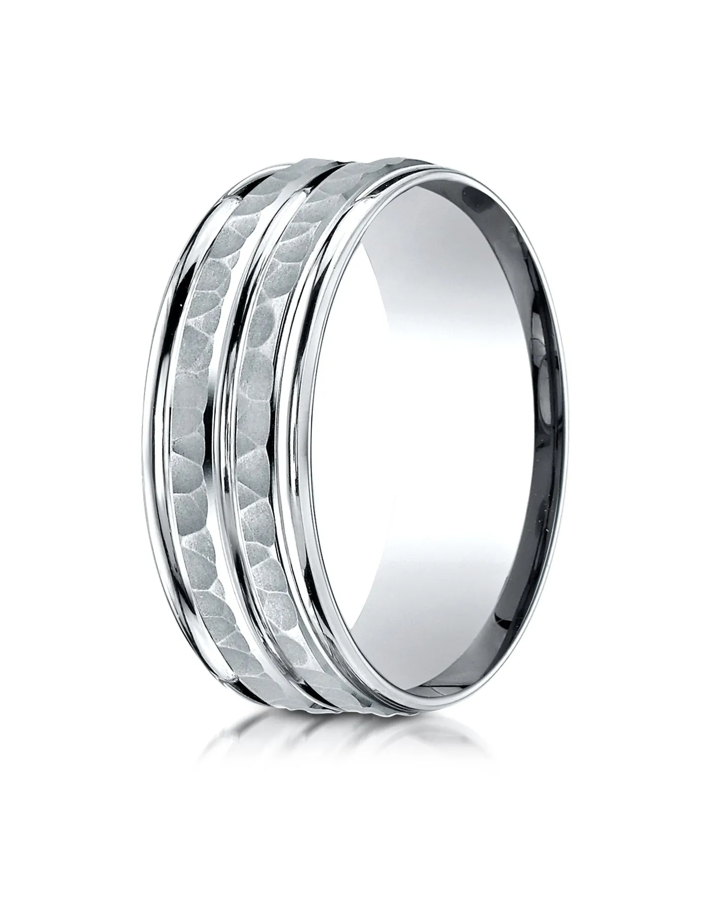 Benchmark 14K White Gold 8mm Comfort-Fit Hammer-Finished High Polished Center Trim and Round Edge Band
